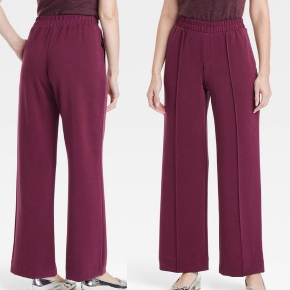 A New Day Petite Women's Burgundy Wide-Leg Pants Ponte Pant Lounge Pants